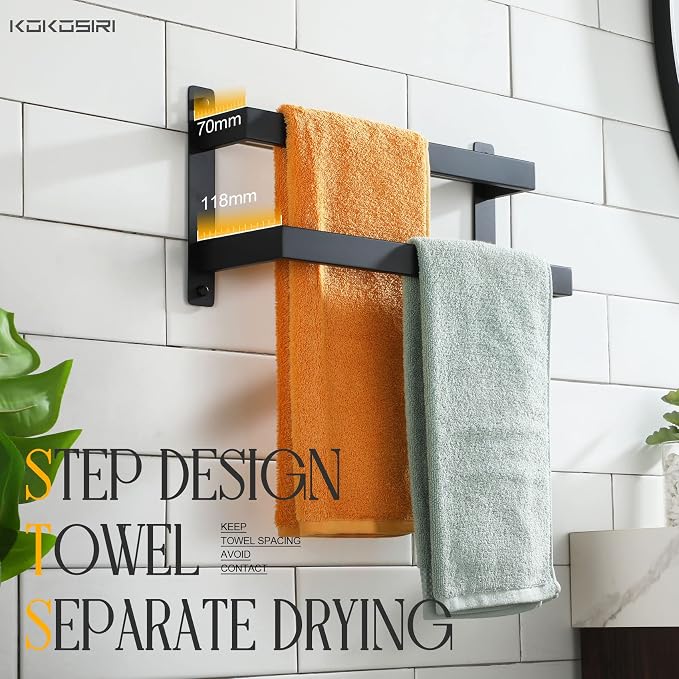 KOKOSIRI Towel Bars Black Bath Towel Holders 16 Inches Bathroom 2-Tiers Ladder - Image 6