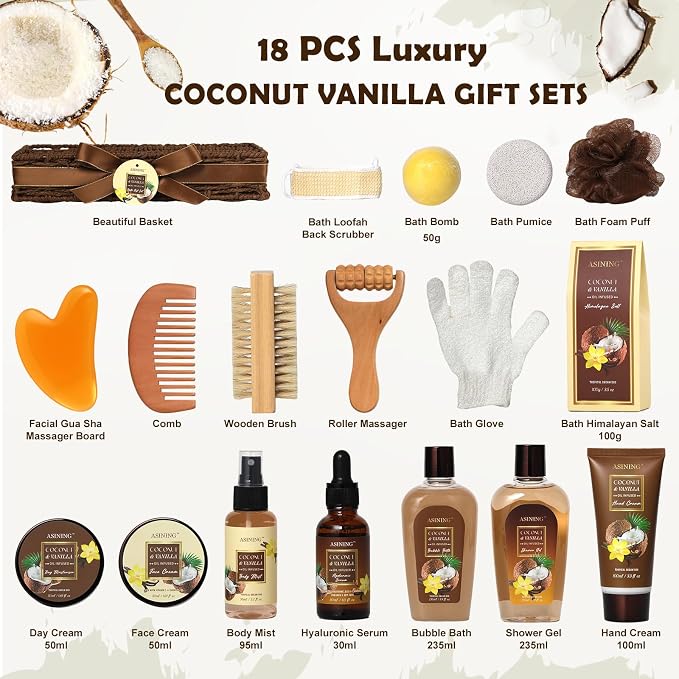 Spa Basket for Women, Coconut Vanilla Bath & Body Set, Christmas & Birthday Gift - Image 2