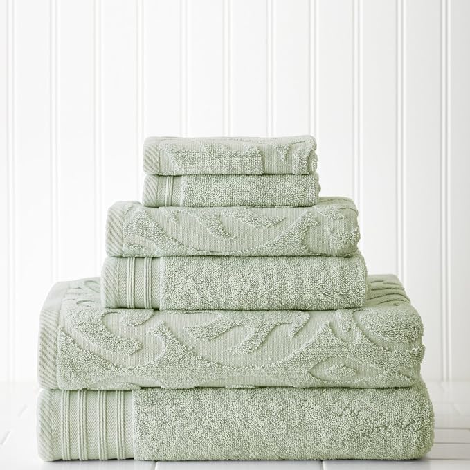 Modern Threads 6 Piece Jacquard/Solid Towel Set-Medallion Swirl Soft Jade by ModernThreads