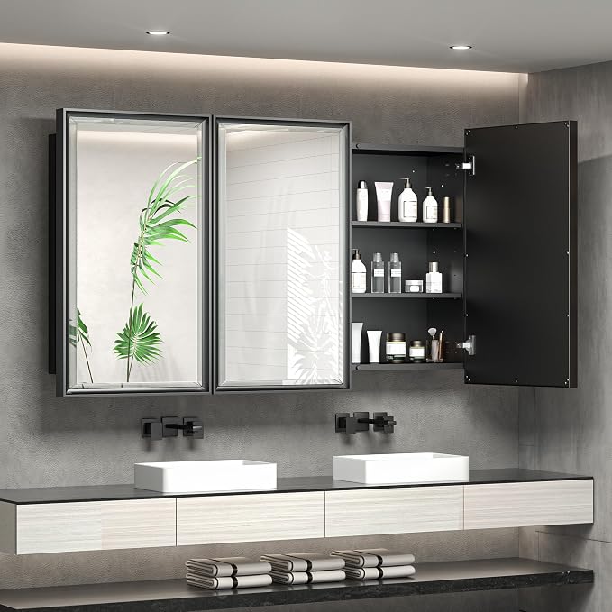 TokeShimi 48x30 Medicine Cabinet Mirror Bathroom Vanity Black Metal Framed by RefinedBathroomAccessories