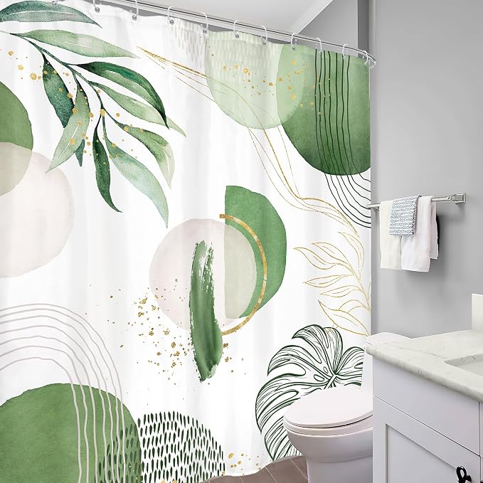 Extra Long Green Boho Shower Curtain 72Wx84H Mid Century Modern Abstract Palm - Image 4