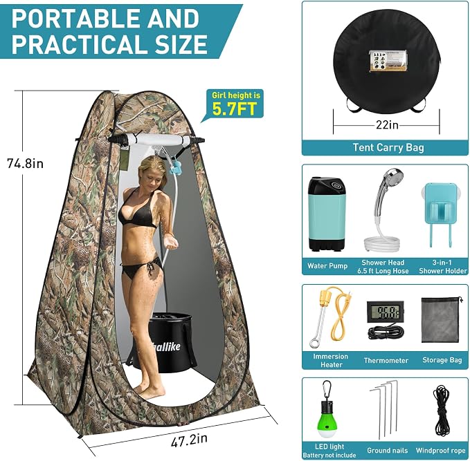 Portable Hot Shower for Camping Shower Tent Kit, 1000W Immersion Heater - Image 5