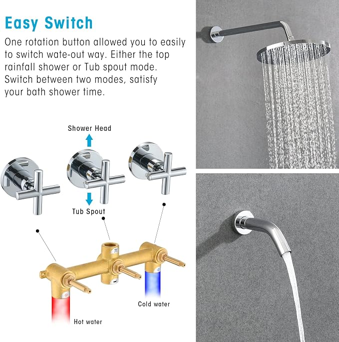 PROOX 3 Handle Tub Shower Faucet Set, Polished Chrome Bathtub Shower Faucets - Image 7