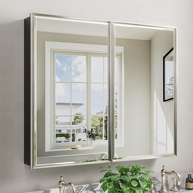 Pre-Assembled Surface or Recessed Medicine Cabinet Mirror-40x30 Brushed Nickel by QUEENFUN