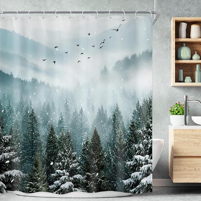 Riyidecor Green Mountain Shower Curtain 72Wx72H Inch Winter Snowy Rustic Sage by Riyidecor