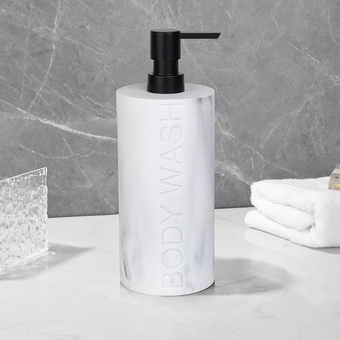 Resin White Marbled Body Wash Engraved Bottle Refillable Pump Dispenser - Image 8