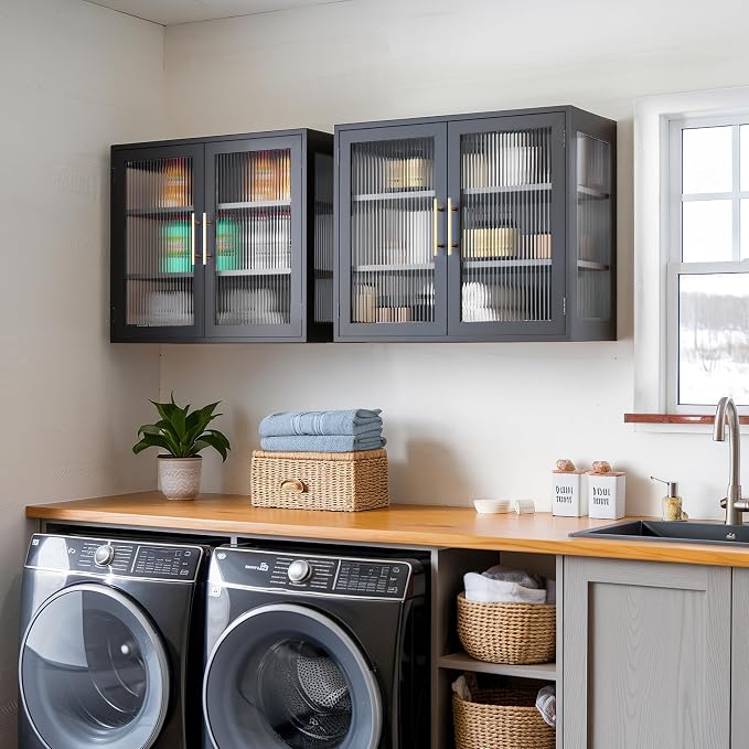Black Glass Display Wall Storage Cabinet, Wall-Mounted Bathroom Cabinet - Image 2