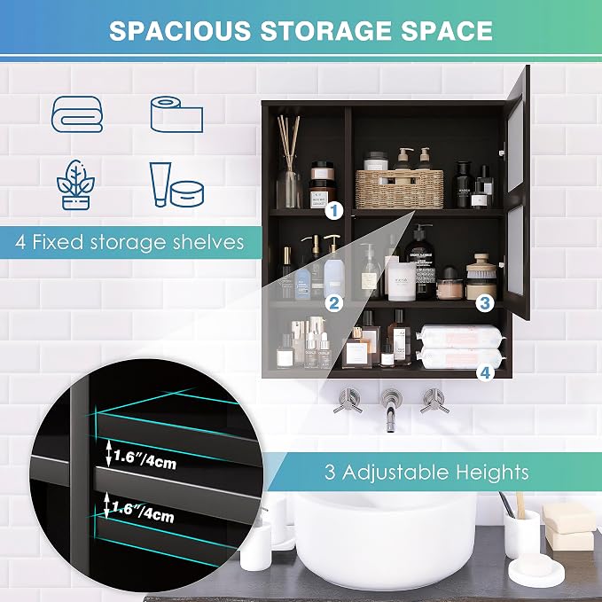 SMIBUY Bathroom Mirror Cabinet Wall Mounted, Bamboo Space Saver Medicine Cabinet - Image 7