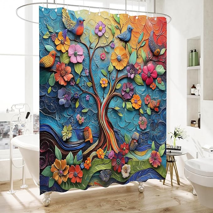 Bohemian Shower Curtain, Boho Floral Print Water Repellent Polyester Fabric - Image 2