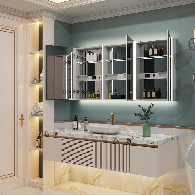 WELLFOR 60" x 30" LED Mirrored Bathroom Cabinet, Mirror Medicine Cabinet - Image 8