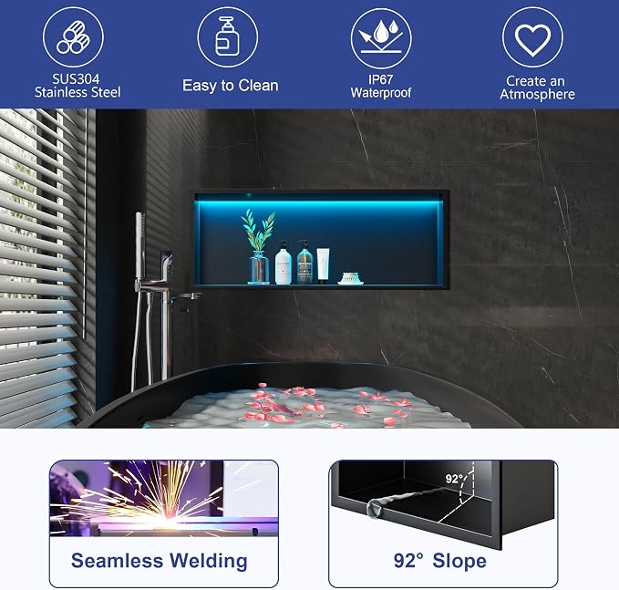 RGB LED Light Shower Niche, Matte Black 30X12 in Stainless Steel Wall Niche - Image 5