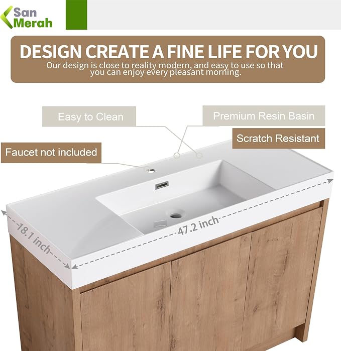 48 inch Bathroom Vanity with Sink, Single Resin Sink Bathroom Cabinet, Modern - Image 2
