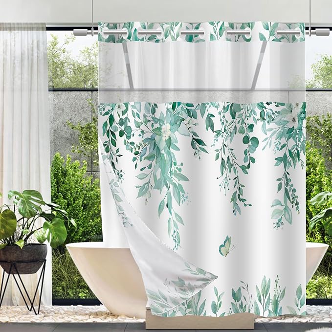 No Hook Shower Curtain and Liner Set, Teal Eucalyptus Floral Shower Curtains by TWLSNCD