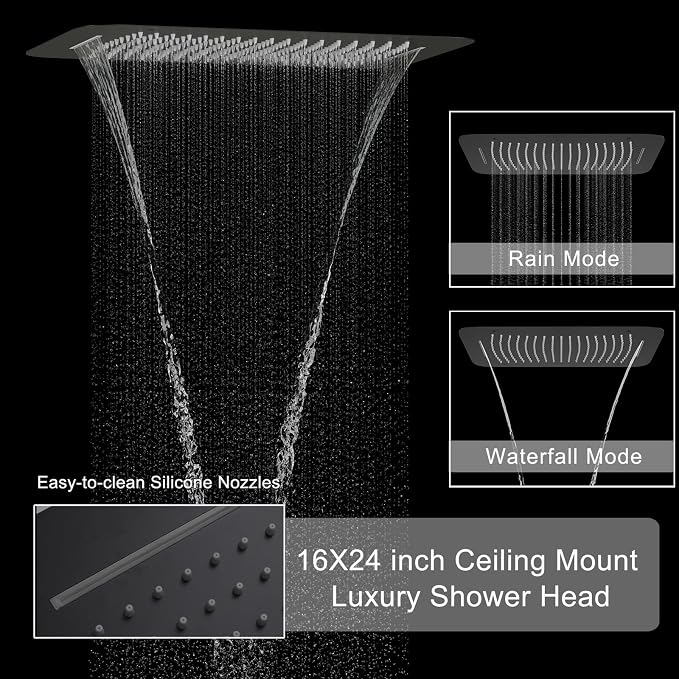 Matte Black Shower System with 6 PCS Body Jet, 16X24 inch Ceiling Mount - Image 2