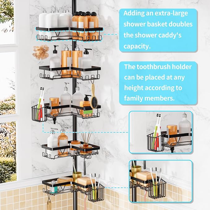 Adjustable Tension Pole Shower Caddy, 5-Tier Stainless Steel Shower Shelf - Image 2