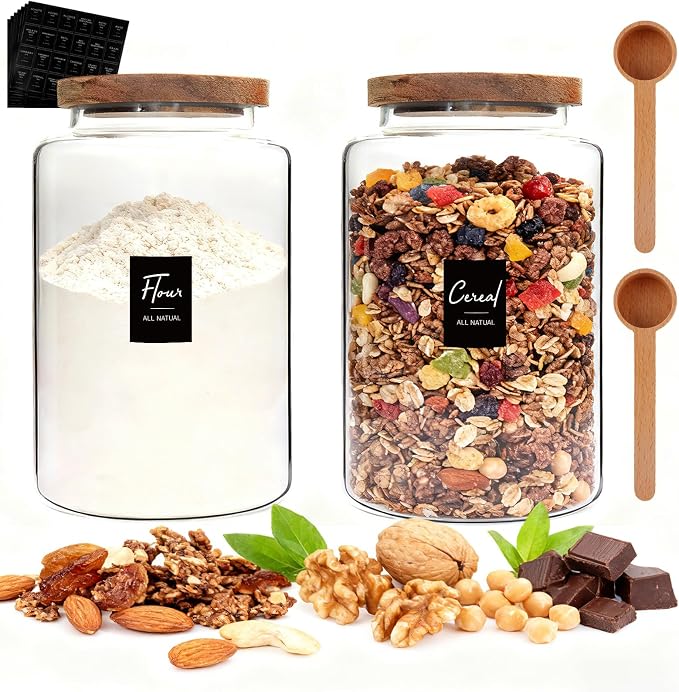 Glass Storage Jar with Lids Spoon Labels Round Glass Coffee Canister - Image 3