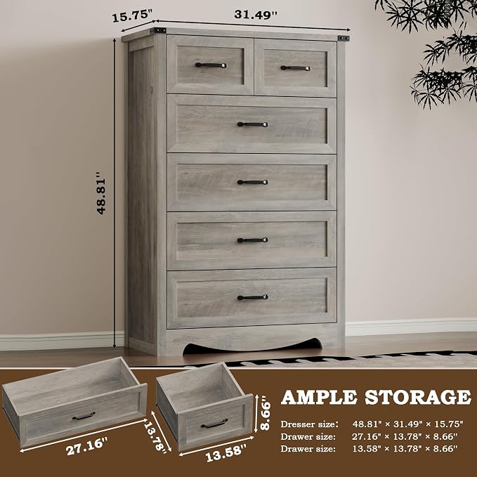 Tall 6-Drawer Dresser for Bedroom, Modern Wooden Chest of Drawers - Image 2