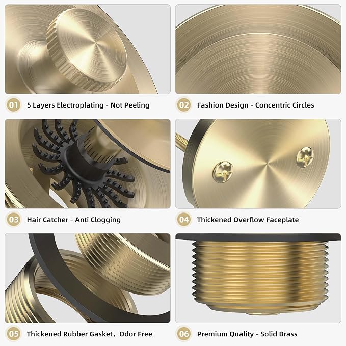 Champagne Brushed Gold Bronze Bathtub Drain, Hair Catcher and 2-Hole Overflow - Image 4