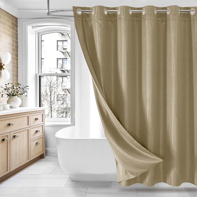 MitoVilla No Hooks Needed Beige Waffle Shower Curtain Liner Set, Modern Waffle by MitoVilla
