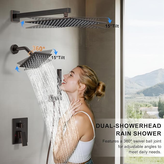 Shower Faucet Set, Wall Mount Shower System 12 and 6 Inch Dual Shower Head Set - Image 3