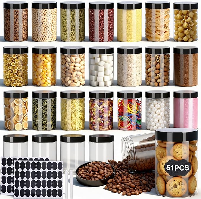 Plastic Jars with Lids, OBKJJ 51 PCS 10 OZ Large Capacity Clear Storage by OBKJJ