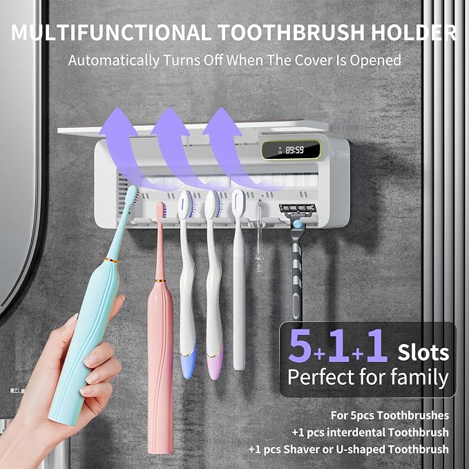UV Toothbrush Sanitizer Holder for Bathrooms, 5+1+1 Slots Toothbrush Sanitizer - Image 2