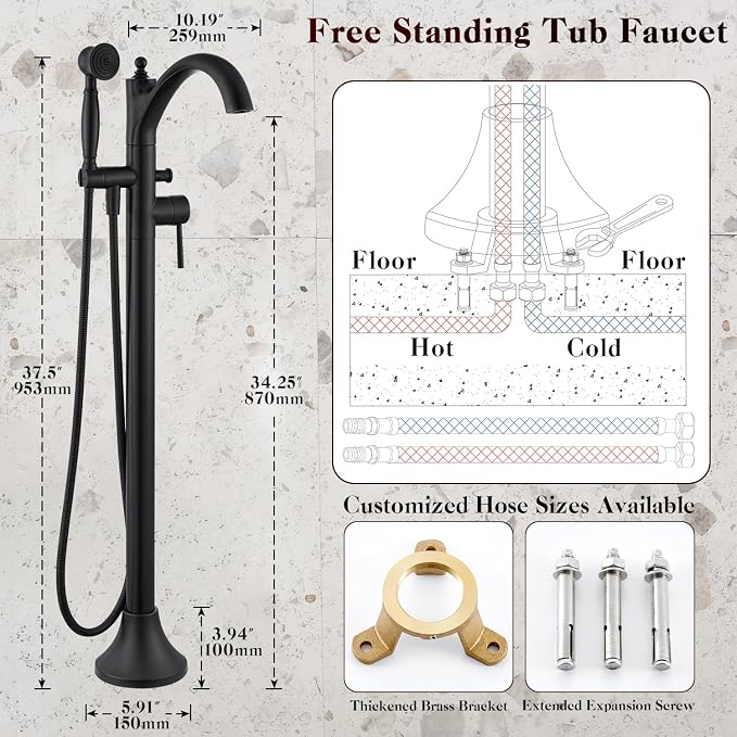 Freestanding Bathtub Faucet, Matte Black Classic Free Standing Tub Faucet - Image 7