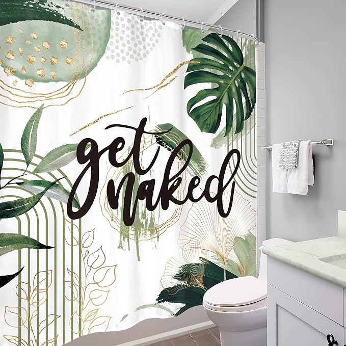 Green Boho Shower Curtain 60Wx72H Bohemian Sage Green Golden Leaves Get Naked - Image 4