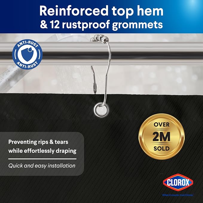 CLOROX 2-in-1 Bathroom Shower Curtain Liner, Durable Fabric, Weighted Magnets - Image 5