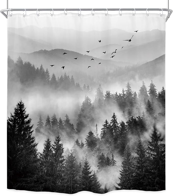 Riyidecor Black and White Shower Curtain 72Wx96H Inch Extra Long Mountain - Image 8