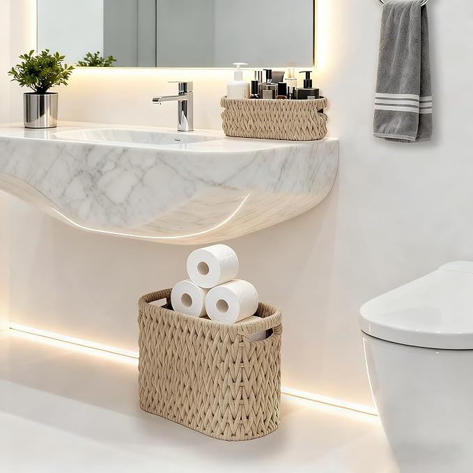 Boho Toilet Paper Storage Baskets, Cotton Rope Woven Bathroom Basket Set of 2 - Image 5