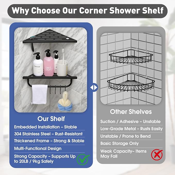 Corner Shower Shelf, 304 Stainless Steel Recessed Bathroom Shelves, No Drilling - Image 6