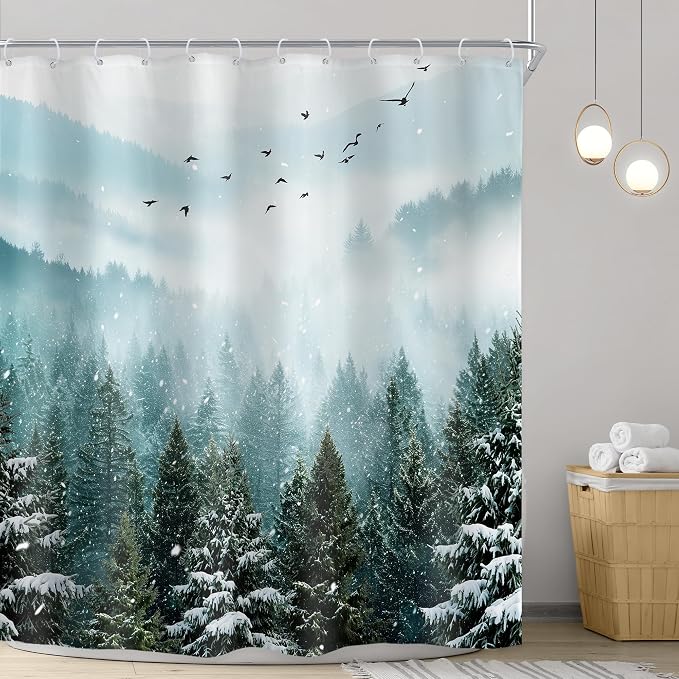 Riyidecor Green Mountain Shower Curtain 72Wx72H Inch Winter Snowy Rustic Sage - Image 2