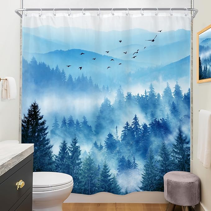 Riyidecor Navy Blue Shower Curtain，Mountain Nature Woodland Scenery，Park Scene - Image 3