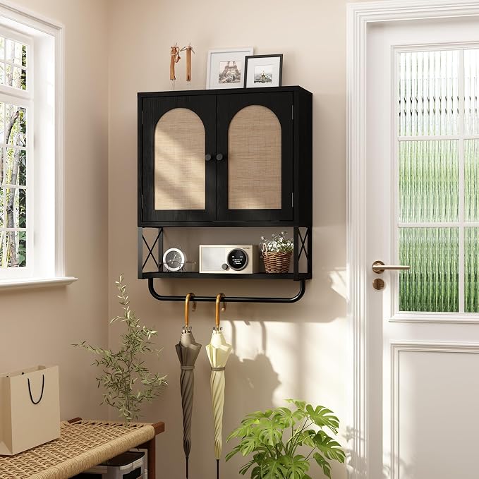 RUSTOWN Rattan Bathroom Wall Cabinet, Boho Over The Toilet Storage Cabinet - Image 5