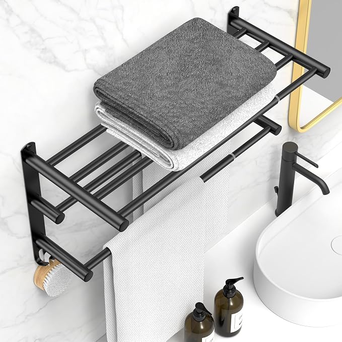 Black Adjustable Towel Bar for Bathroom Wall Mount17-30.7inch Adhesive Shower - Image 2