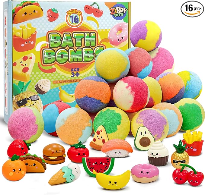 Kids Bath Bombs with Food Toys Inside, 16 Pack Colorful Surprise Bath Fizzies by ZippytotsToys