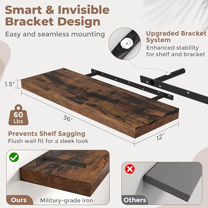 36 Inch Floating Shelves for Wall 2 Pack, Easy Install Engineered Wood Storage - Image 3