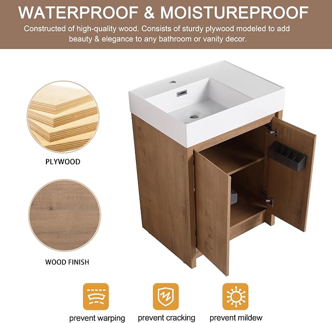 24 Inch Bathroom Vanity with Left Resin Sink, Freestanding Brown Single Sink - Image 5