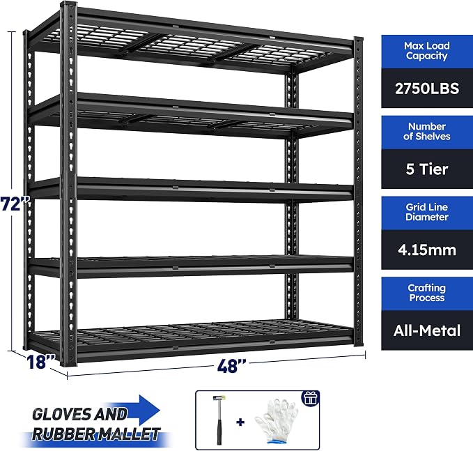 REIBII 48" W Garage Shelving, 5-Tier Wire Shelving Load 2750LBS, Adjustable - Image 2