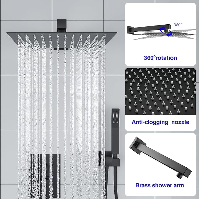 Lordear Rain Shower System 12 Inch Shower Head Faucet Set Matte Black Stainless - Image 3