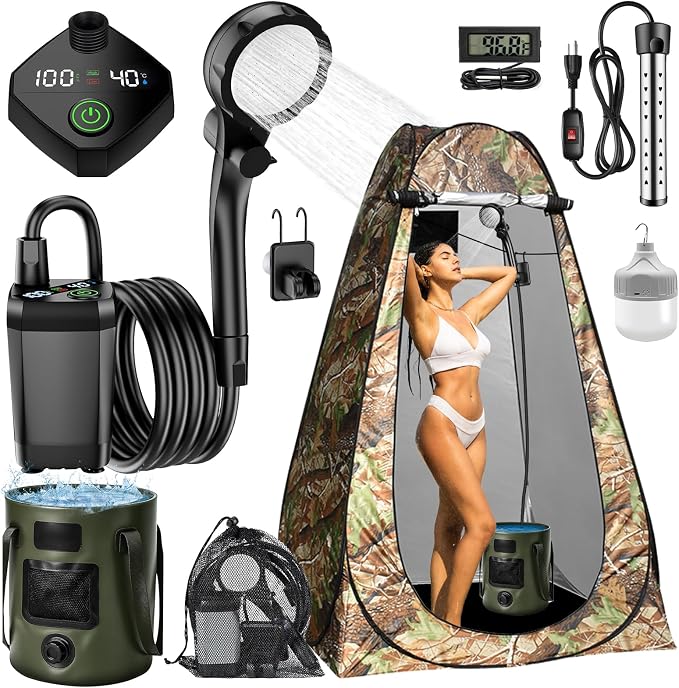 Portable Hot Shower for Camping, Pop Up Shower Tent, Rechargeable Camping Shower by HeiPen