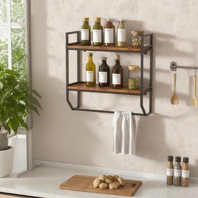 POWERSTONE 2-Tier Bathroom Towel Rack Industrial Wall Mounted Shelf - Image 2