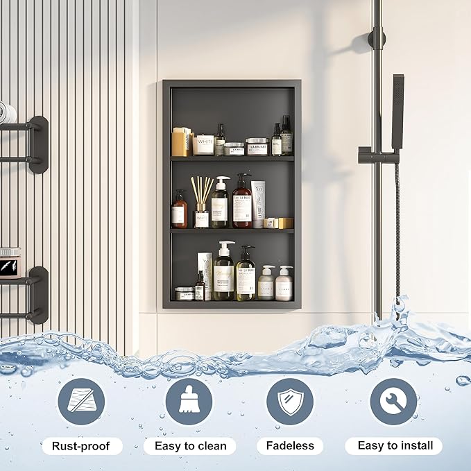 Bathroom Medicine Cabinet Recessed, 14x24 Black Shower Niche - Image 5