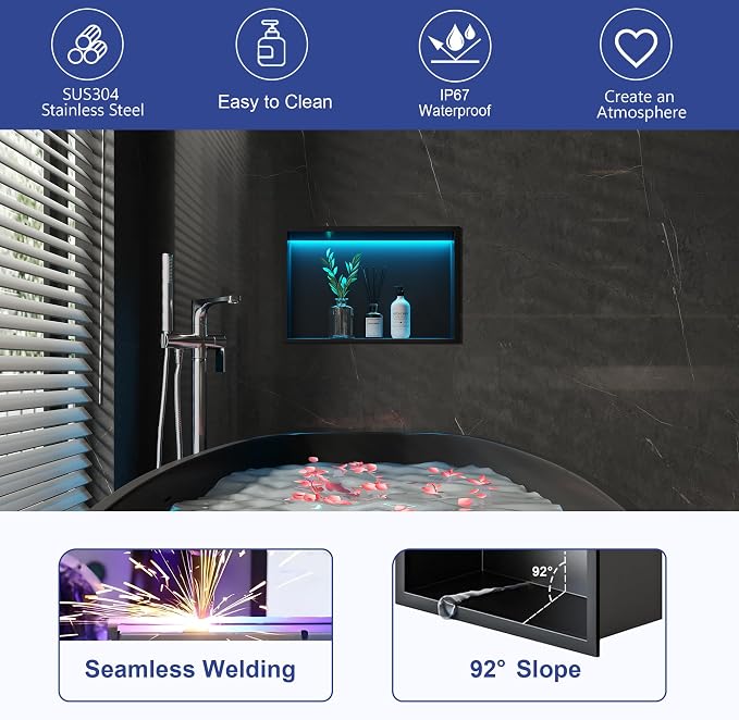 RGB LED Light Shower Niche, Matte Black 18X12 in Stainless Steel Recessed - Image 5