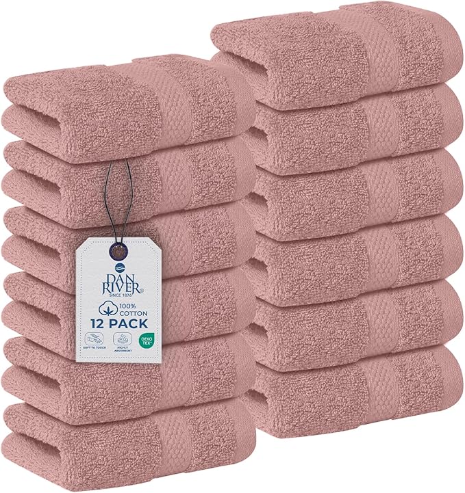 DAN RIVER 12-Pack Premium 100% Cotton Dusty Rose Face Towels – Reusable Face by DanRiver