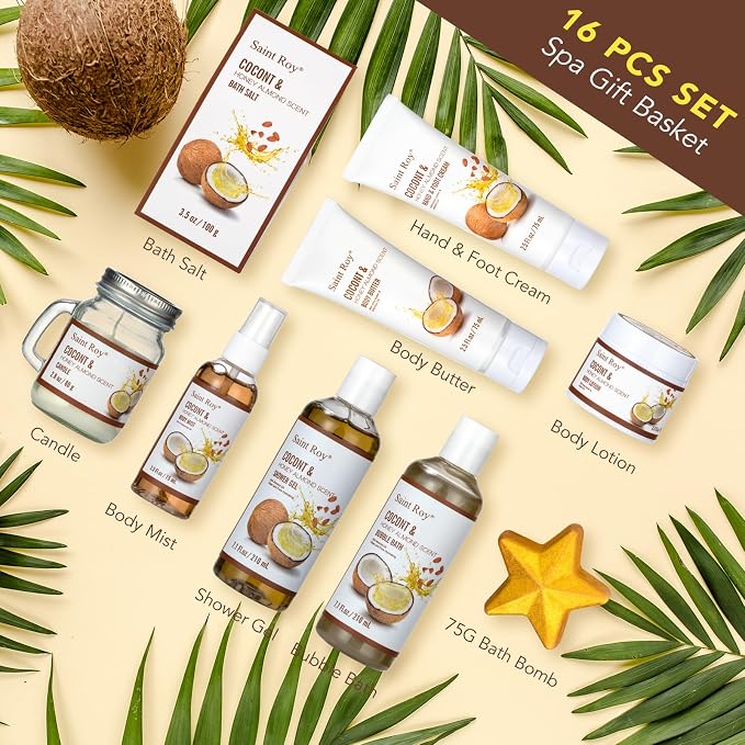 Spa Gift Basket Luxury Bath and Body Basket Set 17-Piece Coconut Honey Almond - Image 3