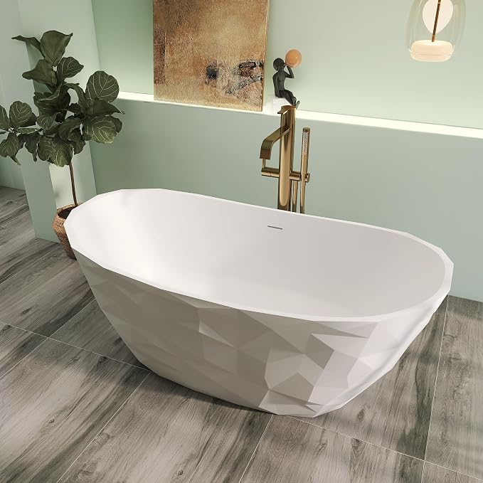 64" Premium Modern Solid Surface Free Standing Bathtubs, Unique Matte White - Image 3