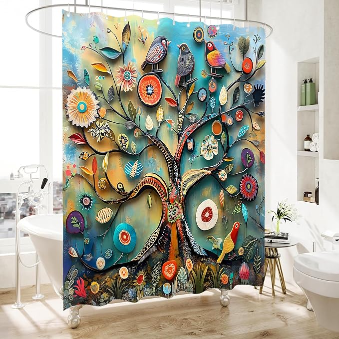 Bohemian Shower Curtain, Boho Floral Print Water Repellent Polyester Fabric - Image 2