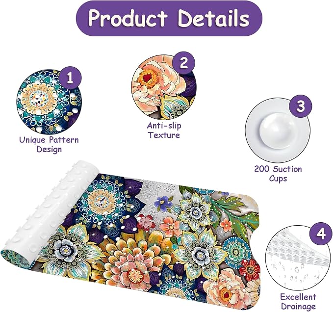 Bathtub Mat Non Slip, Bohemia Extra Long Bath tub Mat Shower Floor Mat - Image 3